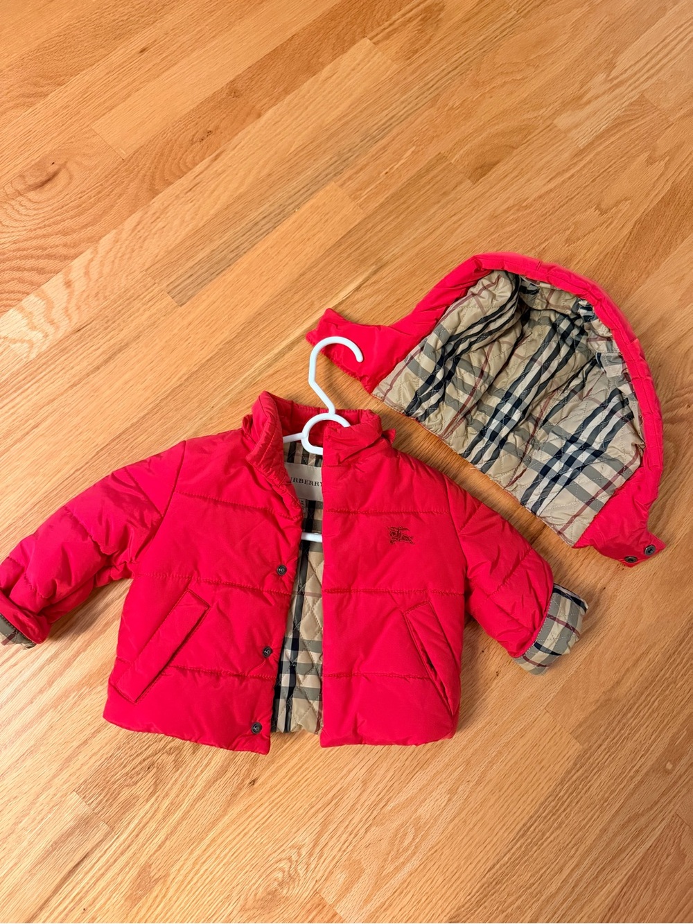 Burberry Kids Bright Red Puffer Jacket with Detachable Check Hood